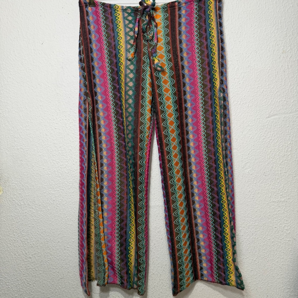 Becca by Rebecca Virtue Boho Festival Knit Pants Side Slit Colorful S/P Striped - Picture 1 of 9